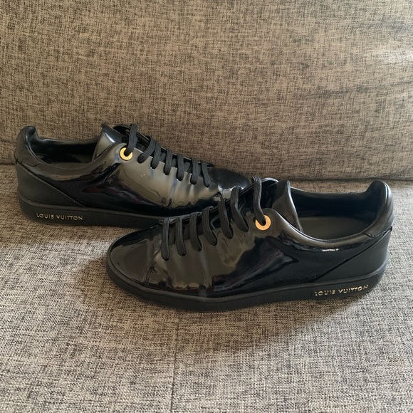 LOUIS VUITTON Frontrow Black Patent Leather Low Top Sneakers Shoes Sz 37 Italy - Picture 5 of 8